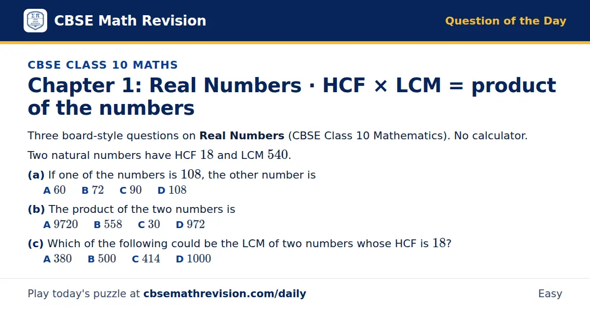 CBSE Class 10 Maths Question of the Day on Real Numbers · HCF × LCM = product of the numbers, a 3-part multiple-choice question: Three board-style questions on Real Numbers (CBSE Class 10 Mathematics). No calculator. Two natural numbers have HCF 18…