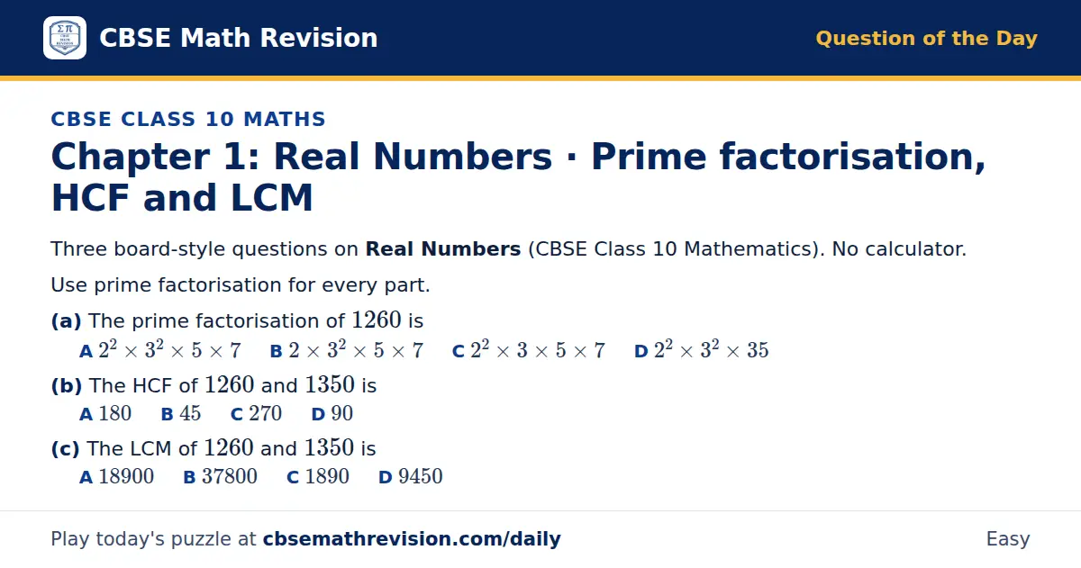 CBSE Class 10 Maths Question of the Day on Real Numbers · Prime factorisation, HCF and LCM, a 3-part multiple-choice question: Three board-style questions on Real Numbers (CBSE Class 10 Mathematics). No calculator. Use prime factorisation for every…