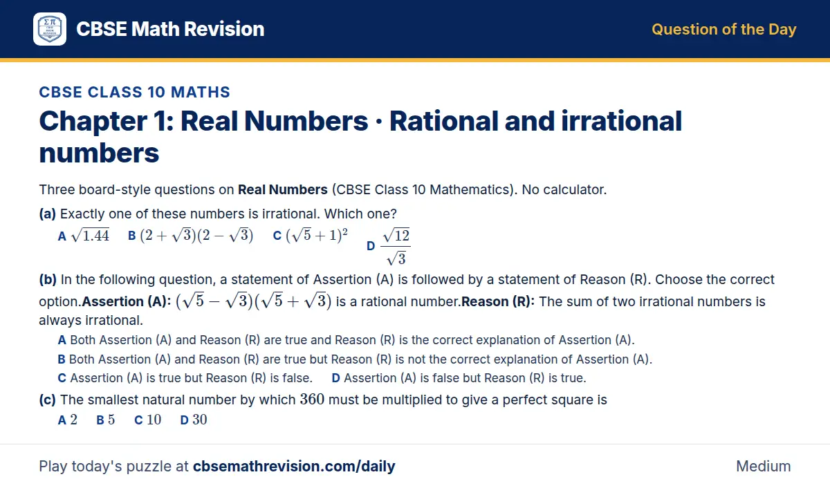 CBSE Class 10 Maths Question of the Day on Real Numbers · Rational and irrational numbers, a 3-part multiple-choice question: Three board-style questions on Real Numbers (CBSE Class 10 Mathematics). No calculator. (a) Exactly one of these numbers…