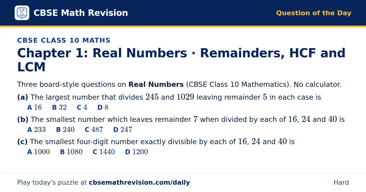 CBSE Class 10 Maths Question of the Day on Real Numbers · Remainders, HCF and LCM, a 3-part multiple-choice question: Three board-style questions on Real Numbers (CBSE Class 10 Mathematics). No calculator. (a) The largest number that divides 245…