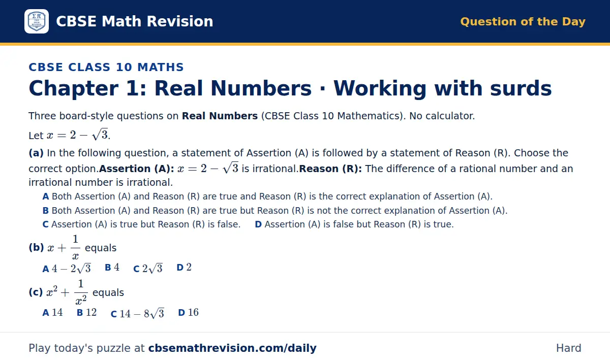 CBSE Class 10 Maths Question of the Day on Real Numbers · Working with surds, a 3-part multiple-choice question: Three board-style questions on Real Numbers (CBSE Class 10 Mathematics). No calculator. Let x = 2 - √3. (a) In the following question…