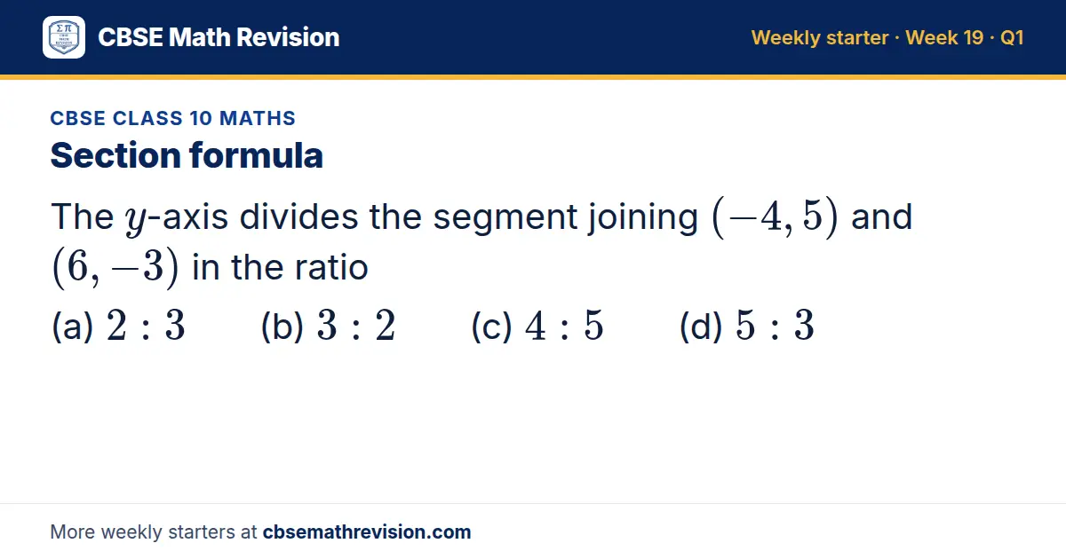 CBSE Class 10 Maths starter question on Section formula: The y-axis divides the segment joining (-4, 5) and (6, -3) in the ratio (a) 2: 3 (b) 3: 2 (c) 4: 5 (d) 5: 3