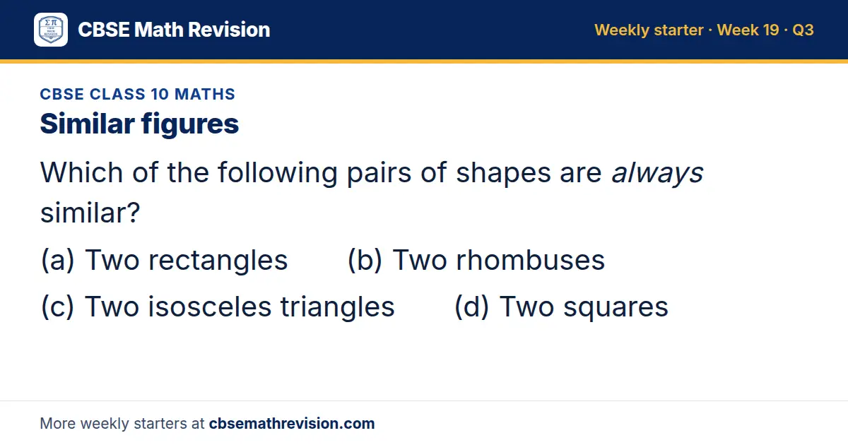 CBSE Class 10 Maths starter question on Similar figures: Which of the following pairs of shapes are always similar? (a) Two rectangles (b) Two rhombuses (c) Two isosceles triangles (d) Two squares