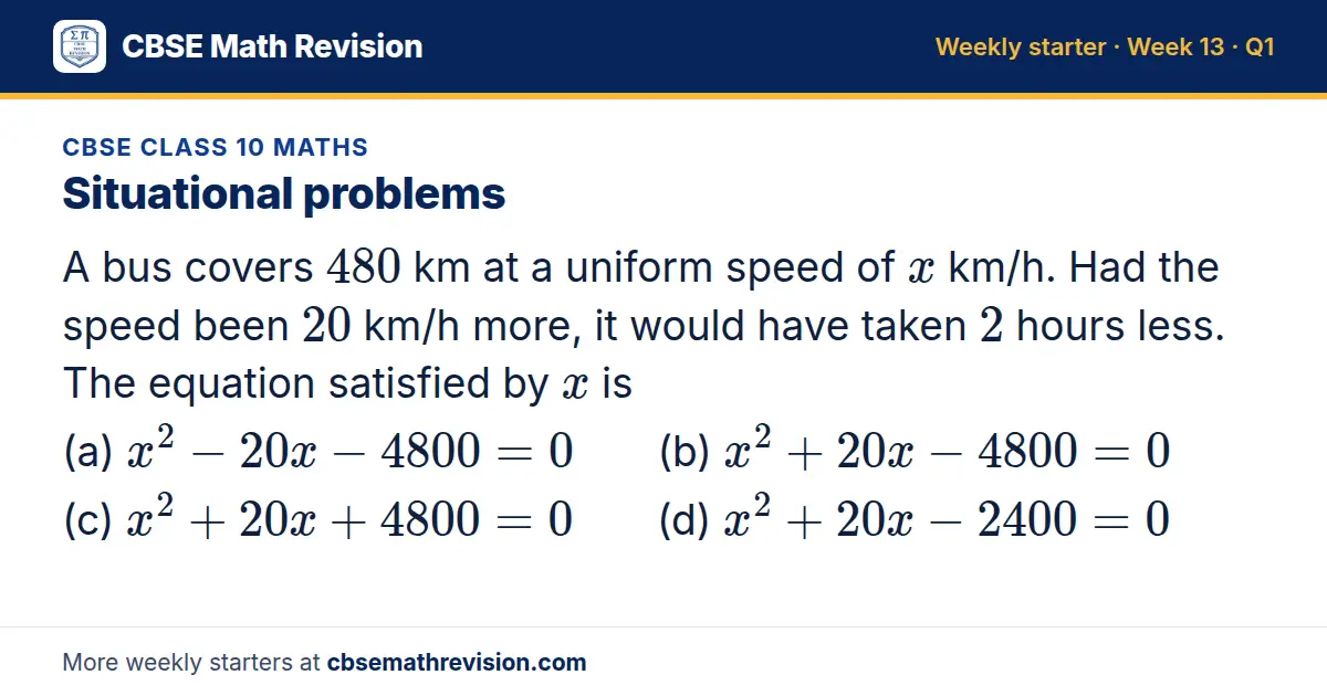 CBSE Class 10 Maths starter question on Situational problems: A bus covers 480 km at a uniform speed of x km/h. Had the speed been 20 km/h more, it would have taken 2 hours less. The equation satisfied by x is (a) x² - 20x - 4800 = 0 (b) x² + 20x…