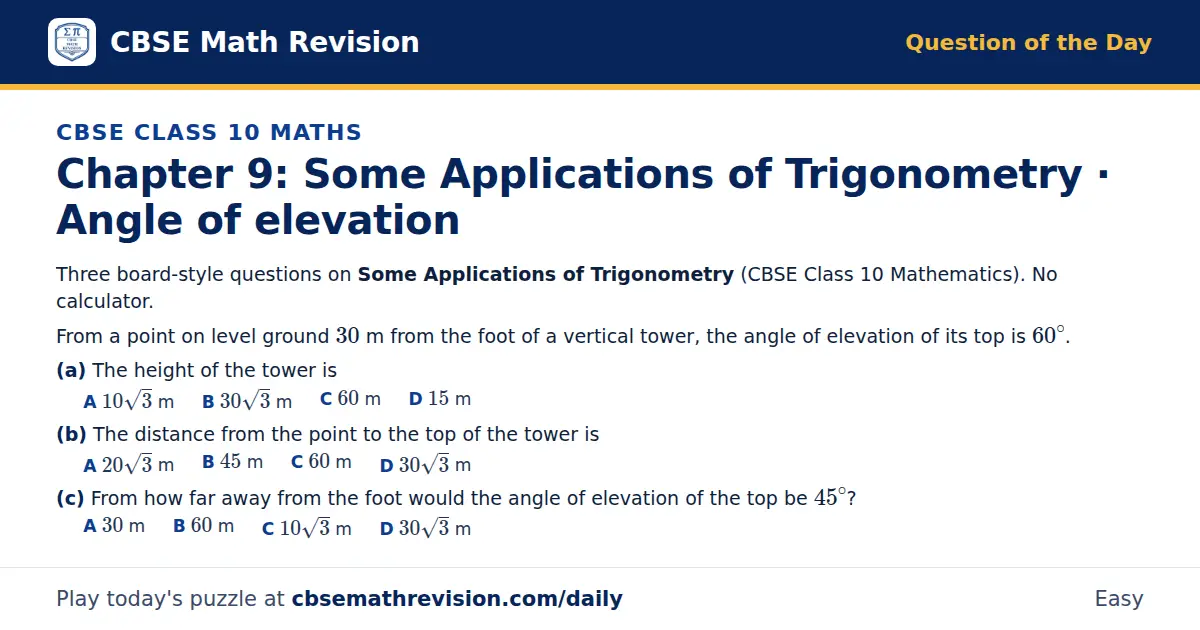 CBSE Class 10 Maths Question of the Day on Some Applications of Trigonometry · Angle of elevation, a 3-part multiple-choice question: Three board-style questions on Some Applications of Trigonometry (CBSE Class 10 Mathematics). No calculator. From…