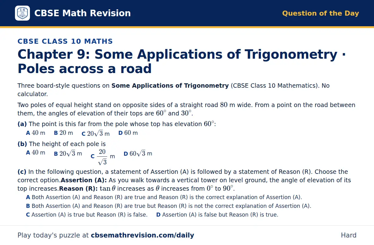 CBSE Class 10 Maths Question of the Day on Some Applications of Trigonometry · Poles across a road, a 3-part multiple-choice question: Three board-style questions on Some Applications of Trigonometry (CBSE Class 10 Mathematics). No calculator. Two…