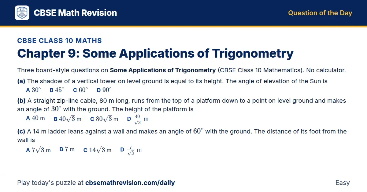CBSE Class 10 Maths Question of the Day on Some Applications of Trigonometry, a 3-part multiple-choice question: Three board-style questions on Some Applications of Trigonometry (CBSE Class 10 Mathematics). No calculator. (a) The shadow of a…