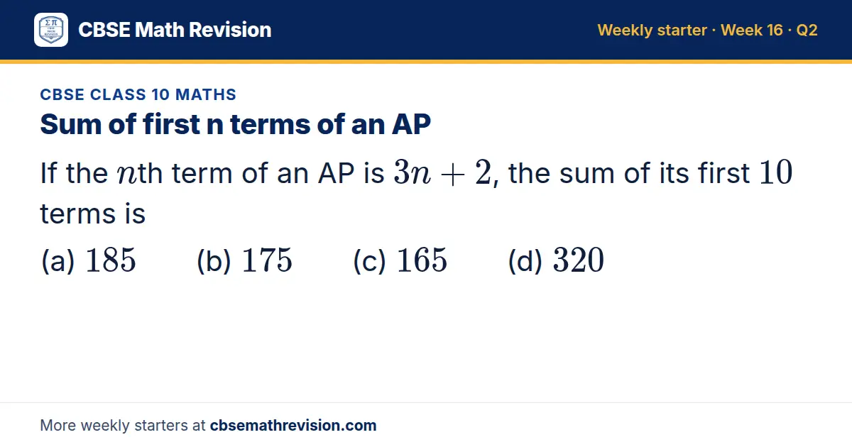 CBSE Class 10 Maths starter question on Sum of first n terms of an AP: If the nth term of an AP is 3n + 2, the sum of its first 10 terms is (a) 185 (b) 175 (c) 165 (d) 320