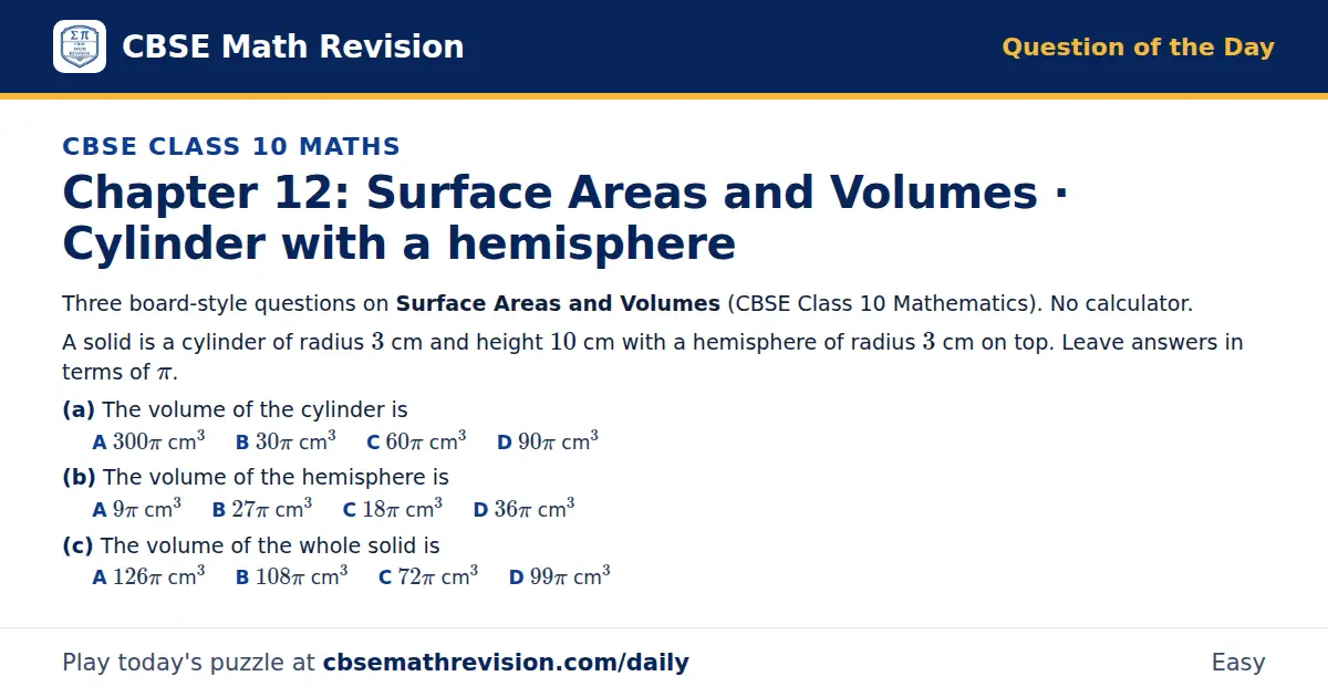 CBSE Class 10 Maths Question of the Day on Surface Areas and Volumes · Cylinder with a hemisphere, a 3-part multiple-choice question: Three board-style questions on Surface Areas and Volumes (CBSE Class 10 Mathematics). No calculator. A solid is a…