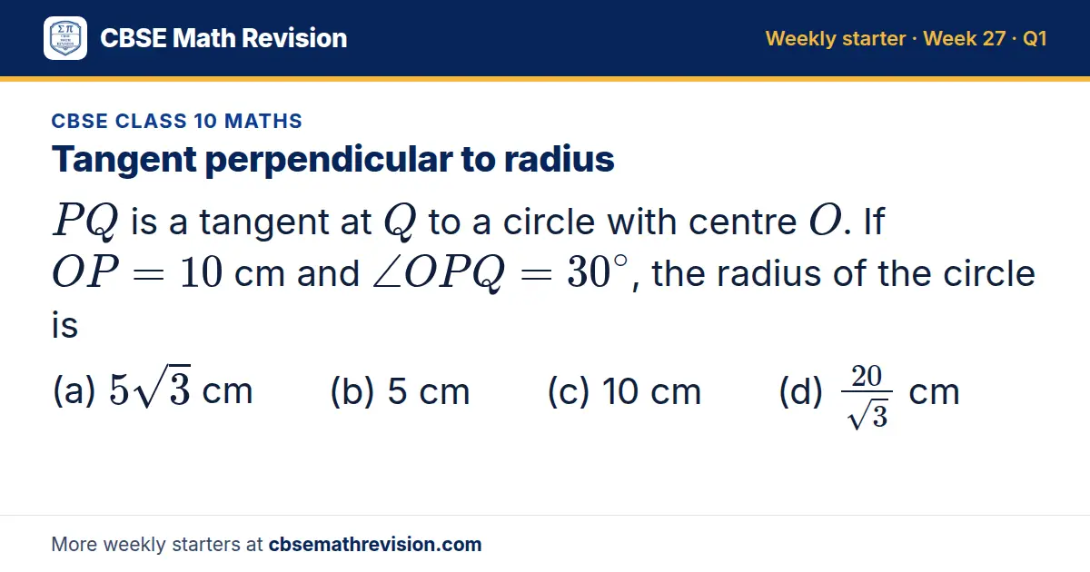 CBSE Class 10 Maths starter question on Tangent perpendicular to radius: PQ is a tangent at Q to a circle with centre O. If OP = 10 cm and ∠ OPQ = 30^∘, the radius of the circle is (a) 5√3 cm (b) 5 cm (c) 10 cm (d) 20/(√3) cm