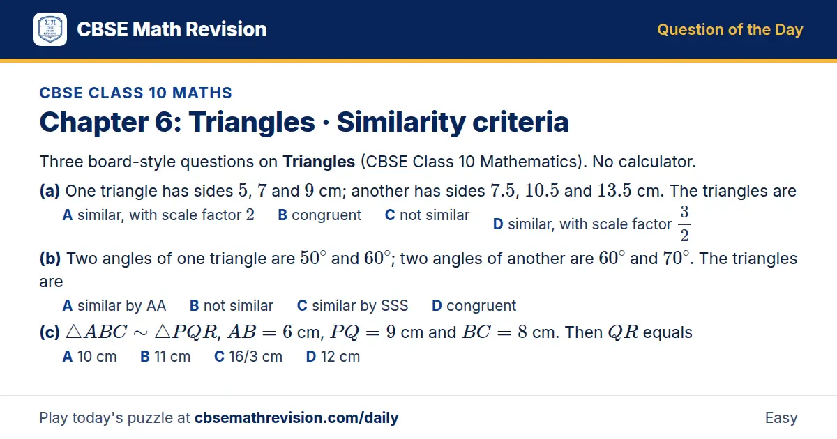 CBSE Class 10 Maths Question of the Day on Triangles · Similarity criteria, a 3-part multiple-choice question: Three board-style questions on Triangles (CBSE Class 10 Mathematics). No calculator. (a) One triangle has sides 5, 7 and 9 cm; another…