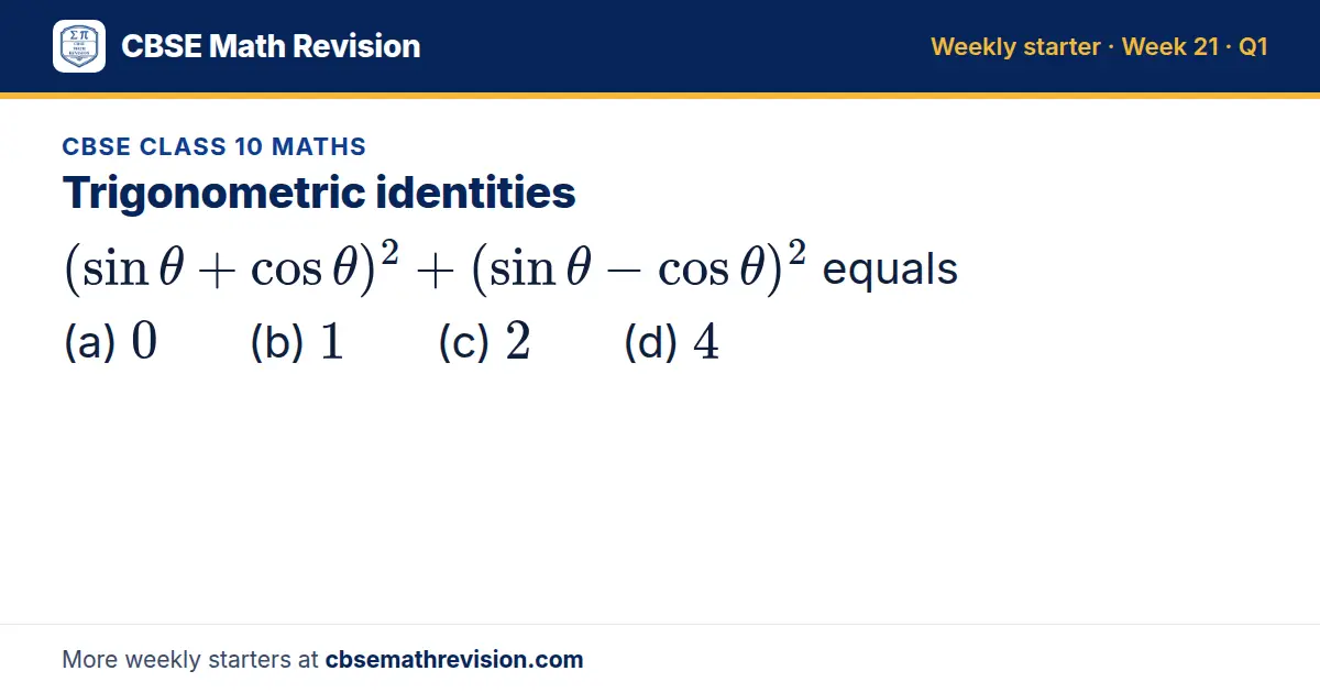 CBSE Class 10 Maths starter question on Trigonometric identities: (sinθ+cosθ)²+(sinθ-cosθ)² equals (a) 0 (b) 1 (c) 2 (d) 4