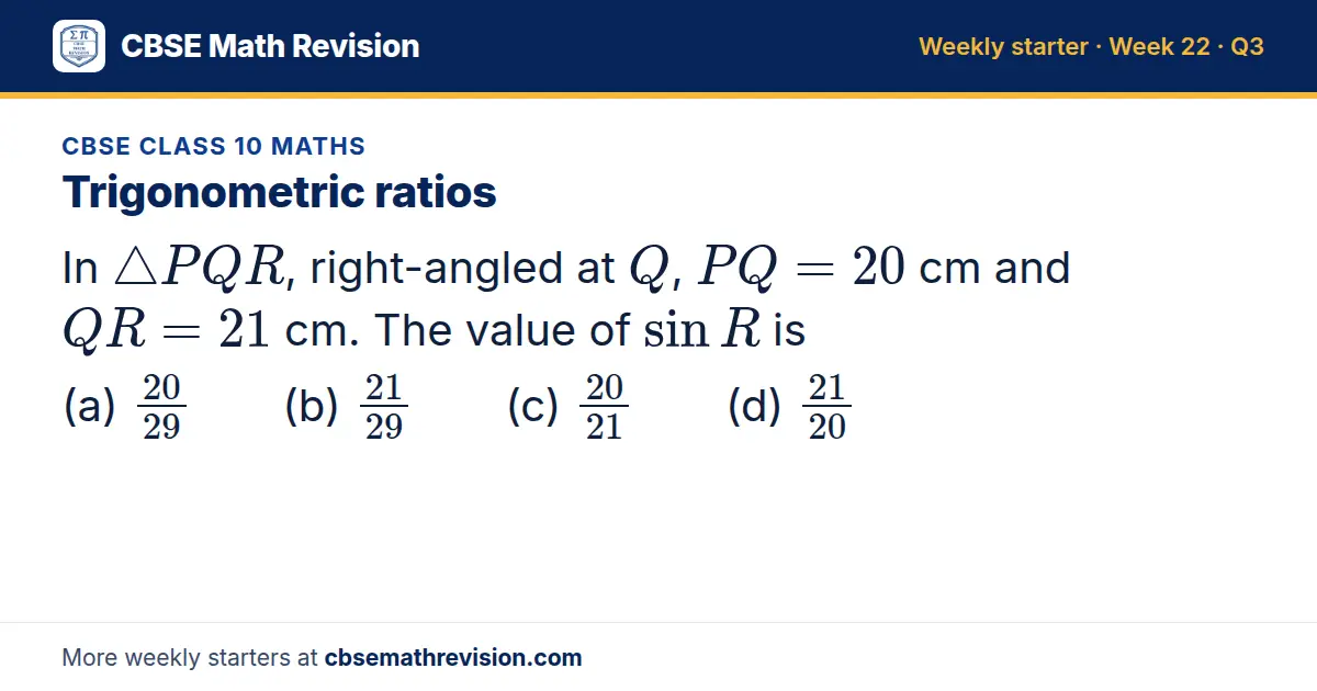 CBSE Class 10 Maths starter question on Trigonometric ratios: In △ PQR, right-angled at Q, PQ = 20 cm and QR = 21 cm. The value of sin R is (a) 20/29 (b) 21/29 (c) 20/21 (d) 21/20