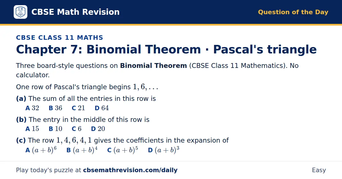 CBSE Class 11 Maths Question of the Day on Binomial Theorem · Pascal's triangle, a 3-part multiple-choice question: Three board-style questions on Binomial Theorem (CBSE Class 11 Mathematics). No calculator. One row of Pascal's triangle begins 1…