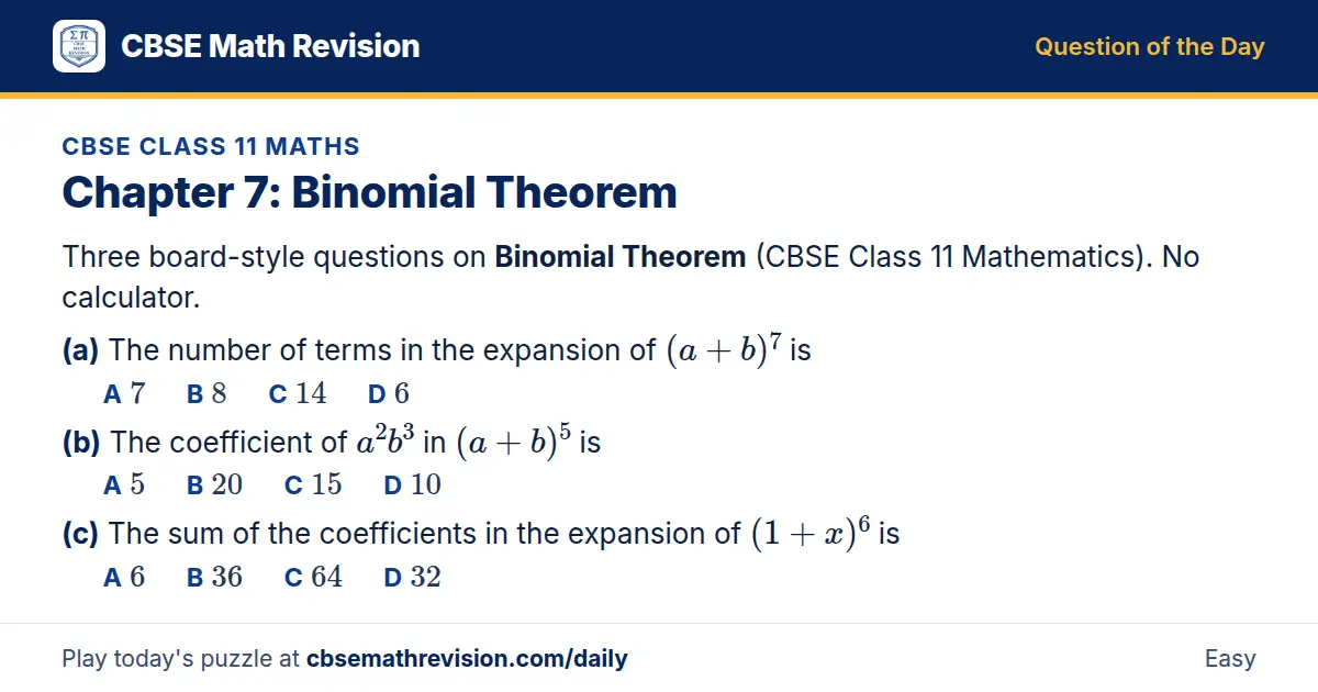 CBSE Class 11 Maths Question of the Day on Binomial Theorem, a 3-part multiple-choice question: Three board-style questions on Binomial Theorem (CBSE Class 11 Mathematics). No calculator. (a) The number of terms in the expansion of (a + b)⁷ is (b)…