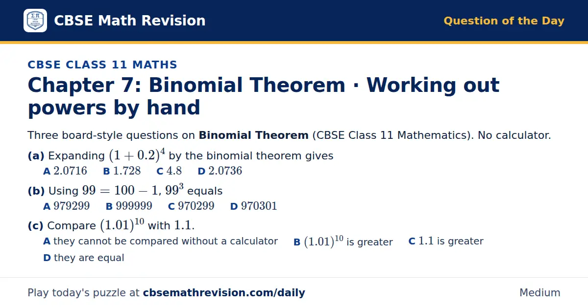 CBSE Class 11 Maths Question of the Day on Binomial Theorem · Working out powers by hand, a 3-part multiple-choice question: Three board-style questions on Binomial Theorem (CBSE Class 11 Mathematics). No calculator. (a) Expanding (1 + 0.2)⁴ by the…