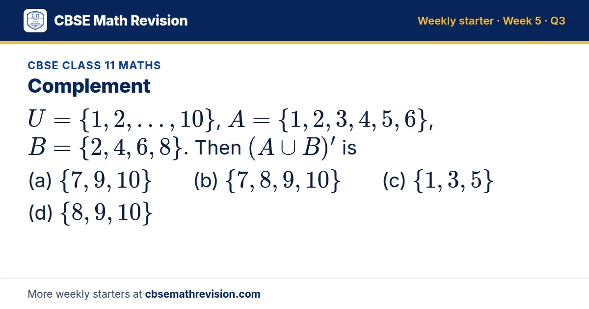 CBSE Class 11 Maths starter question on Complement: U = 1, 2, …, 10, A = 1, 2, 3, 4, 5, 6, B = 2, 4, 6, 8. Then (A ∪ B)' is (a) 7, 9, 10 (b) 7, 8, 9, 10 (c) 1, 3, 5 (d) 8, 9, 10