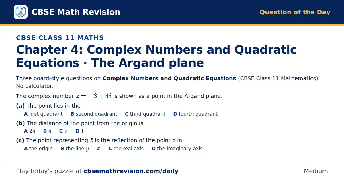 CBSE Class 11 Maths Question of the Day on Complex Numbers and Quadratic Equations · The Argand plane, a 3-part multiple-choice question: Three board-style questions on Complex Numbers and Quadratic Equations (CBSE Class 11 Mathematics). No…