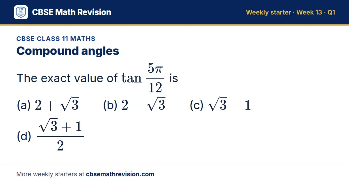 CBSE Class 11 Maths starter question on Compound angles: The exact value of tan(5π)/12 is (a) 2 + √3 (b) 2 - √3 (c) √3 - 1 (d) (√3 + 1)/2