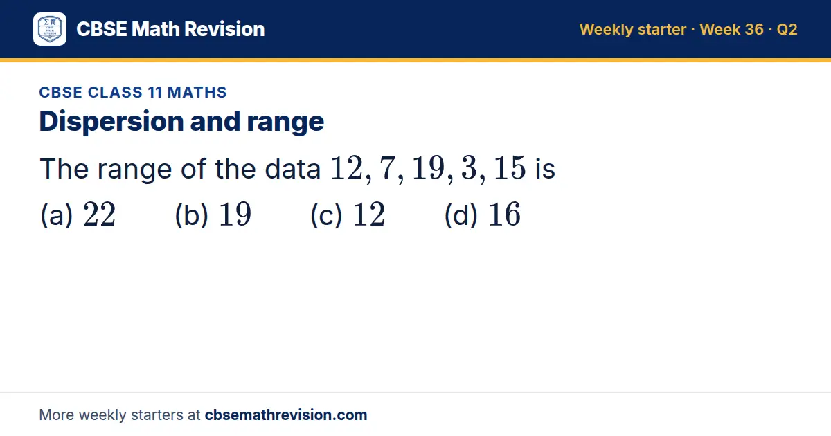 CBSE Class 11 Maths starter question on Dispersion and range: The range of the data 12, 7, 19, 3, 15 is (a) 22 (b) 19 (c) 12 (d) 16