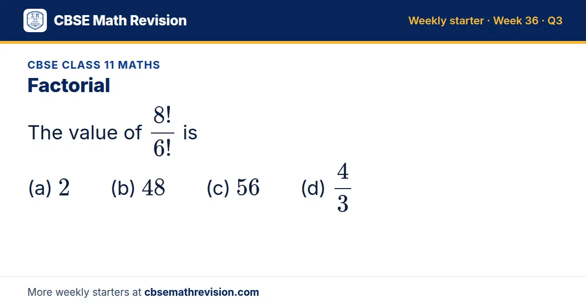 CBSE Class 11 Maths starter question on Factorial: The value of (8!)/(6!) is (a) 2 (b) 48 (c) 56 (d) 43