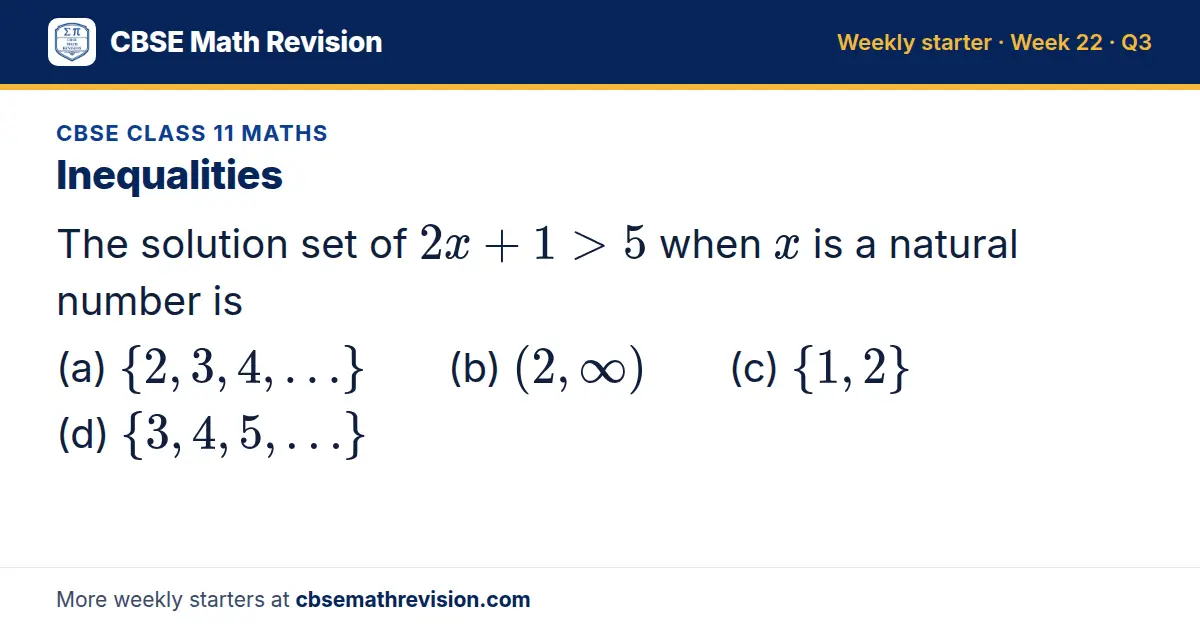 CBSE Class 11 Maths starter question on Inequalities: The solution set of 2x + 1 > 5 when x is a natural number is (a) 2, 3, 4, … (b) (2, ∞) (c) 1, 2 (d) 3, 4, 5, …