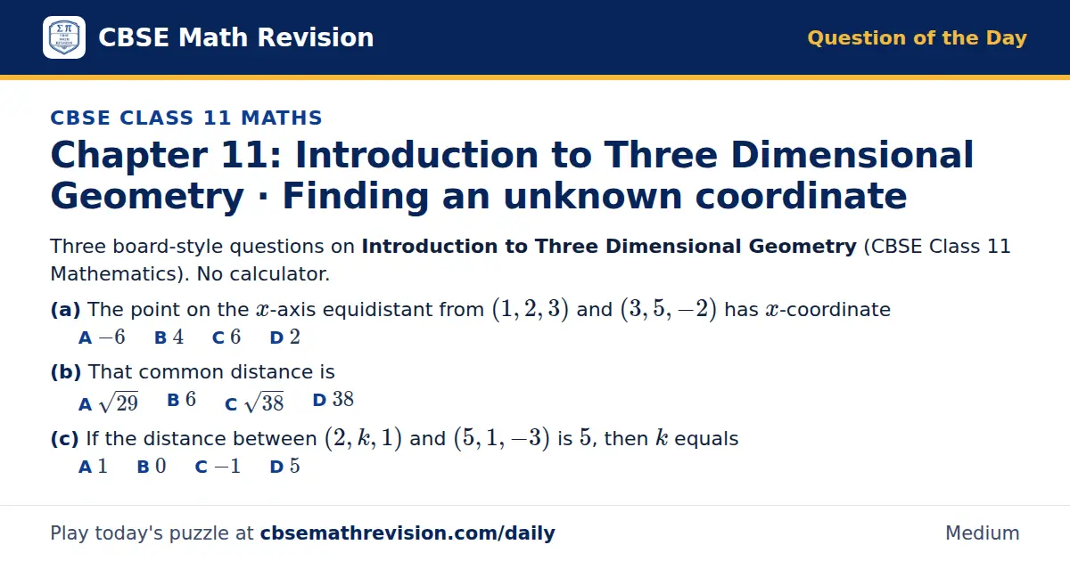 CBSE Class 11 Maths Question of the Day on Introduction to Three Dimensional Geometry · Finding an unknown coordinate, a 3-part multiple-choice question: Three board-style questions on Introduction to Three Dimensional Geometry (CBSE Class 11…