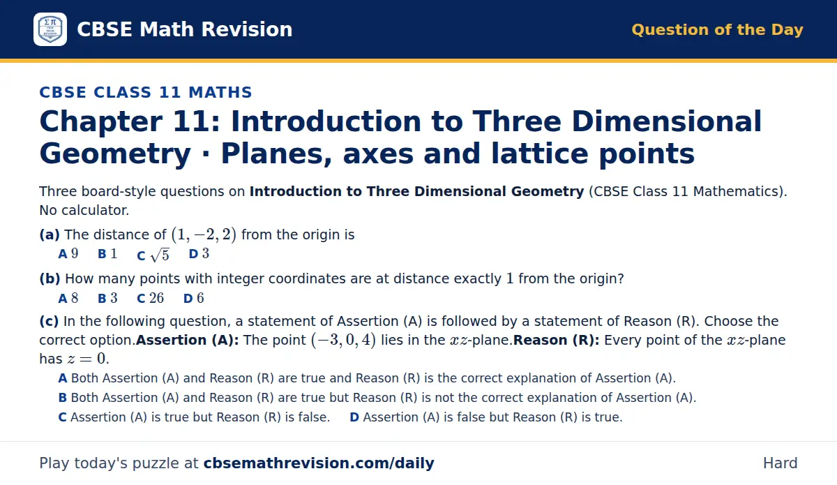 CBSE Class 11 Maths Question of the Day on Introduction to Three Dimensional Geometry · Planes, axes and lattice points, a 3-part multiple-choice question: Three board-style questions on Introduction to Three Dimensional Geometry (CBSE Class 11…