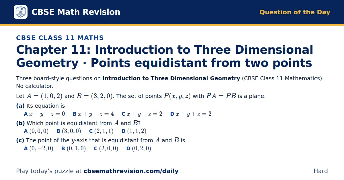 CBSE Class 11 Maths Question of the Day on Introduction to Three Dimensional Geometry · Points equidistant from two points, a 3-part multiple-choice question: Three board-style questions on Introduction to Three Dimensional Geometry (CBSE Class 11…
