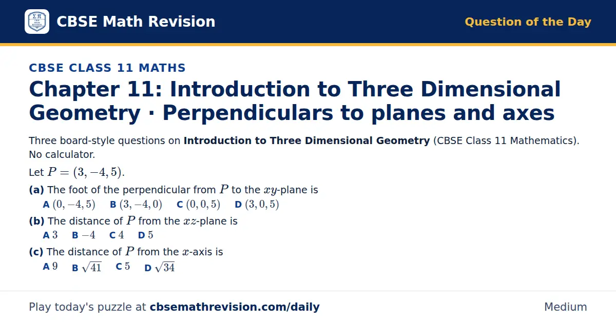 CBSE Class 11 Maths Question of the Day on Introduction to Three Dimensional Geometry · Perpendiculars to planes and axes, a 3-part multiple-choice question: Three board-style questions on Introduction to Three Dimensional Geometry (CBSE Class 11…