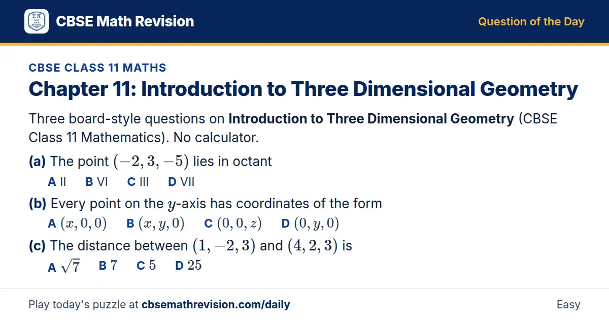 CBSE Class 11 Maths Question of the Day on Introduction to Three Dimensional Geometry, a 3-part multiple-choice question: Three board-style questions on Introduction to Three Dimensional Geometry (CBSE Class 11 Mathematics). No calculator. (a) The…