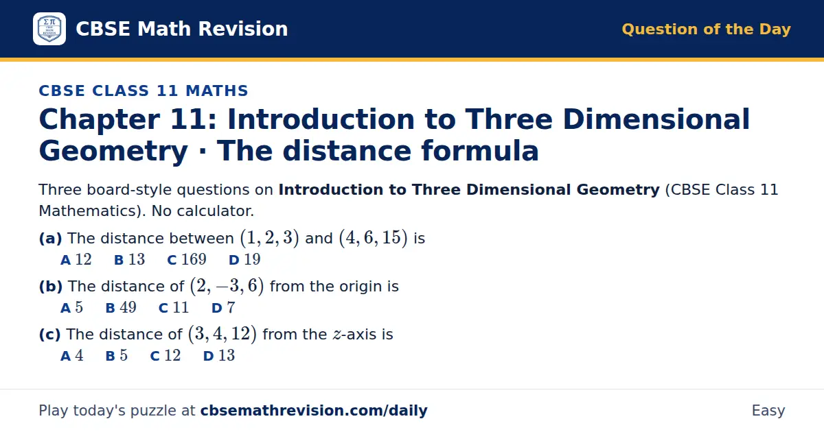 CBSE Class 11 Maths Question of the Day on Introduction to Three Dimensional Geometry · The distance formula, a 3-part multiple-choice question: Three board-style questions on Introduction to Three Dimensional Geometry (CBSE Class 11 Mathematics).…