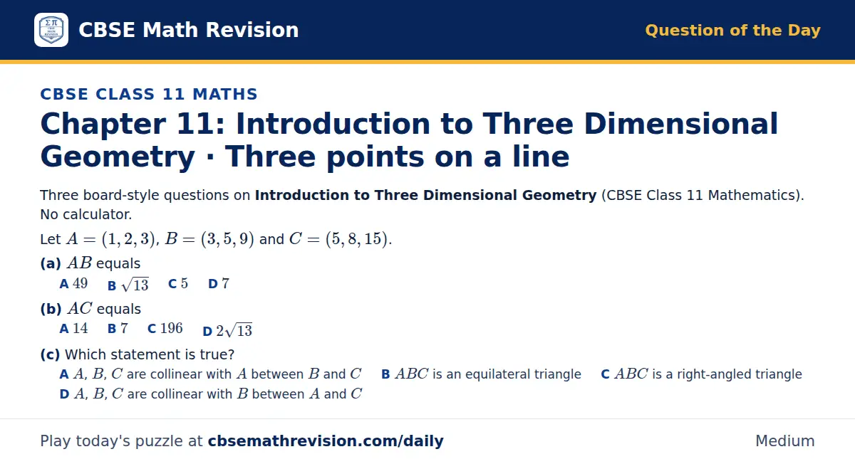 CBSE Class 11 Maths Question of the Day on Introduction to Three Dimensional Geometry · Three points on a line, a 3-part multiple-choice question: Three board-style questions on Introduction to Three Dimensional Geometry (CBSE Class 11…