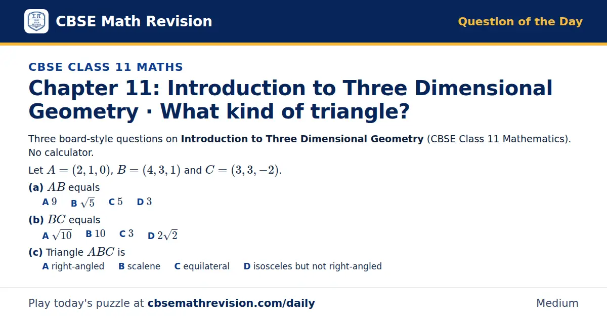 CBSE Class 11 Maths Question of the Day on Introduction to Three Dimensional Geometry · What kind of triangle?, a 3-part multiple-choice question: Three board-style questions on Introduction to Three Dimensional Geometry (CBSE Class 11…