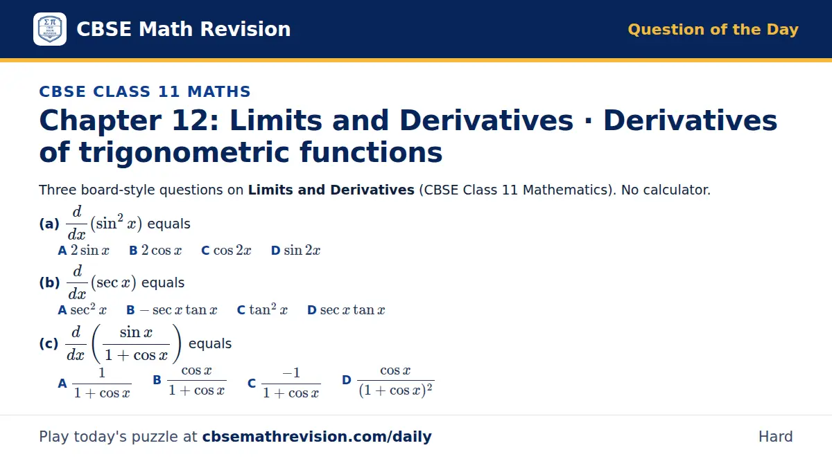 CBSE Class 11 Maths Question of the Day on Limits and Derivatives · Derivatives of trigonometric functions, a 3-part multiple-choice question: Three board-style questions on Limits and Derivatives (CBSE Class 11 Mathematics). No calculator. (a)…