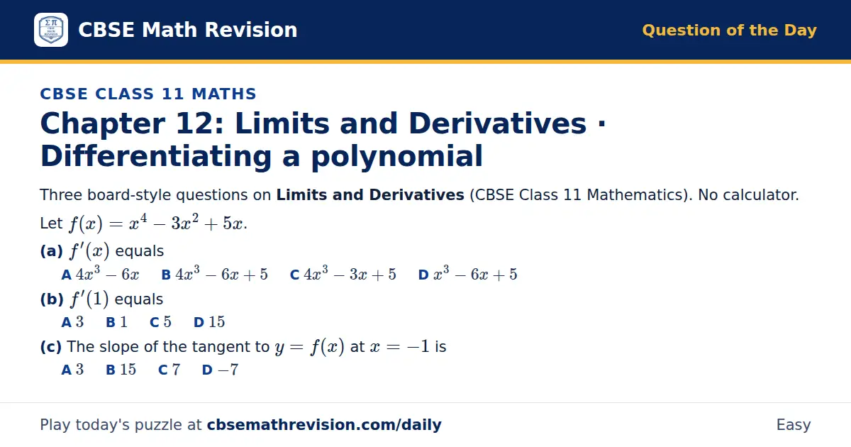 CBSE Class 11 Maths Question of the Day on Limits and Derivatives · Differentiating a polynomial, a 3-part multiple-choice question: Three board-style questions on Limits and Derivatives (CBSE Class 11 Mathematics). No calculator. Let f(x) = x⁴…
