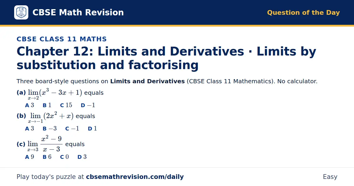 CBSE Class 11 Maths Question of the Day on Limits and Derivatives · Limits by substitution and factorising, a 3-part multiple-choice question: Three board-style questions on Limits and Derivatives (CBSE Class 11 Mathematics). No calculator. (a)…