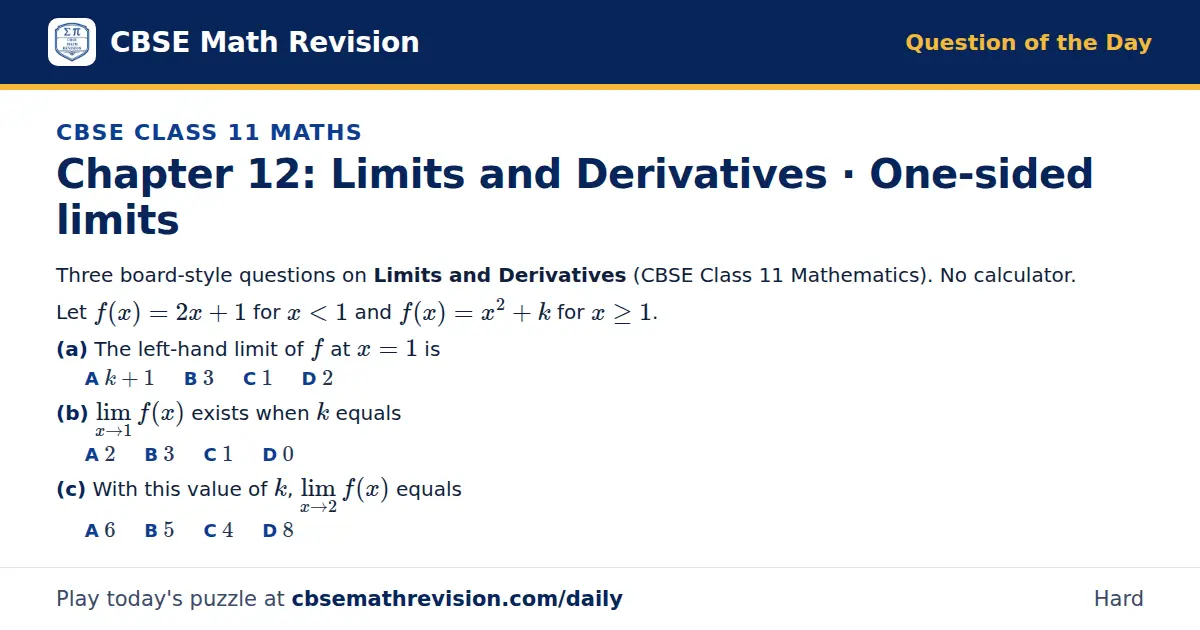 CBSE Class 11 Maths Question of the Day on Limits and Derivatives · One-sided limits, a 3-part multiple-choice question: Three board-style questions on Limits and Derivatives (CBSE Class 11 Mathematics). No calculator. Let f(x) = 2x + 1 for x < 1…