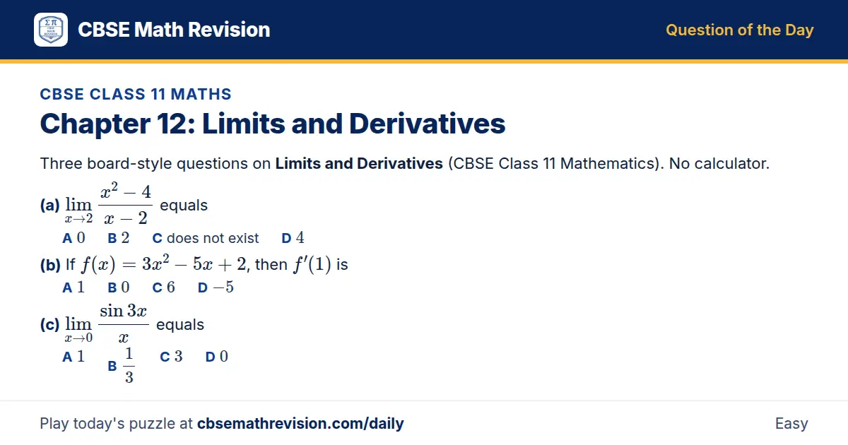CBSE Class 11 Maths Question of the Day on Limits and Derivatives, a 3-part multiple-choice question: Three board-style questions on Limits and Derivatives (CBSE Class 11 Mathematics). No calculator. (a) lim_x → 2 (x² - 4)/(x - 2) equals (b) If…
