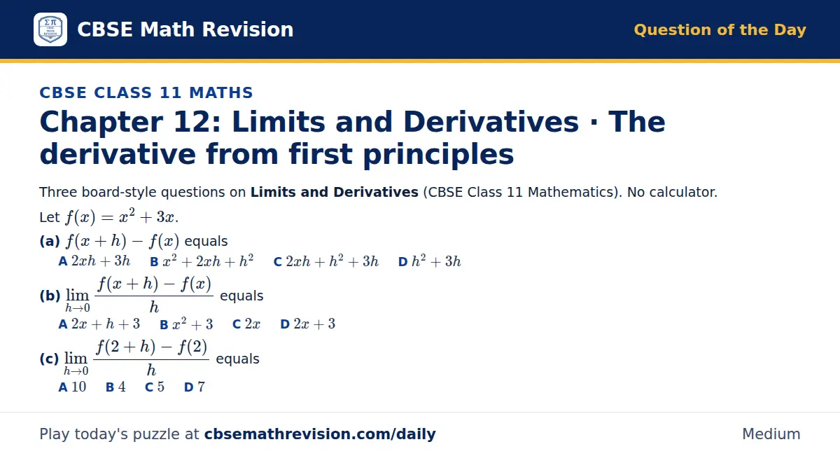 CBSE Class 11 Maths Question of the Day on Limits and Derivatives · The derivative from first principles, a 3-part multiple-choice question: Three board-style questions on Limits and Derivatives (CBSE Class 11 Mathematics). No calculator. Let f(x)…