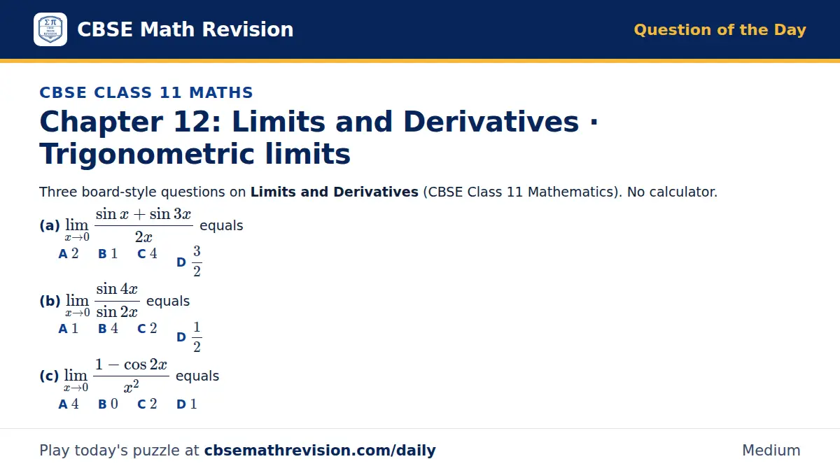 CBSE Class 11 Maths Question of the Day on Limits and Derivatives · Trigonometric limits, a 3-part multiple-choice question: Three board-style questions on Limits and Derivatives (CBSE Class 11 Mathematics). No calculator. (a) lim_x → 0 (sin x +…