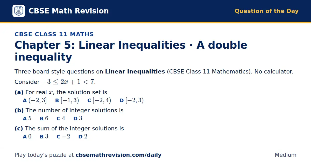 CBSE Class 11 Maths Question of the Day on Linear Inequalities · A double inequality, a 3-part multiple-choice question: Three board-style questions on Linear Inequalities (CBSE Class 11 Mathematics). No calculator. Consider -3 ≤ 2x + 1 < 7. (a)…