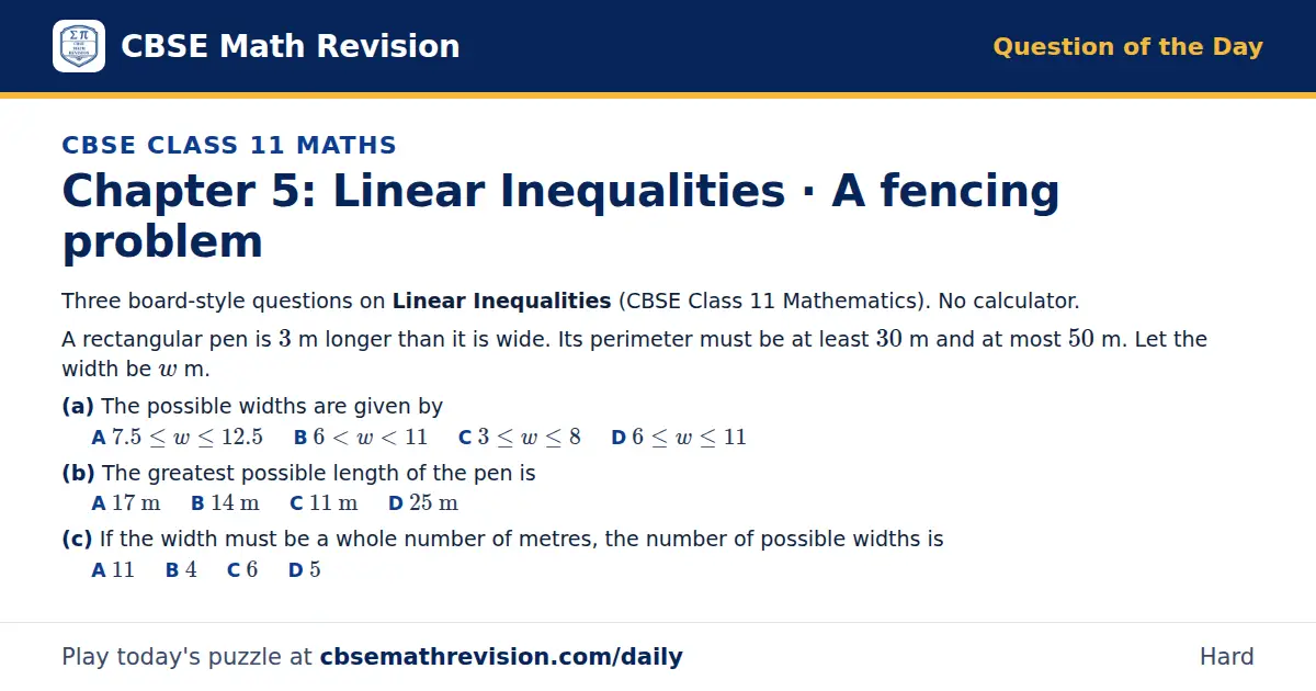 CBSE Class 11 Maths Question of the Day on Linear Inequalities · A fencing problem, a 3-part multiple-choice question: Three board-style questions on Linear Inequalities (CBSE Class 11 Mathematics). No calculator. A rectangular pen is 3 m longer…