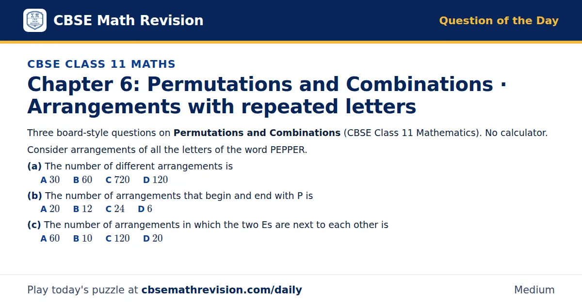 CBSE Class 11 Maths Question of the Day on Permutations and Combinations · Arrangements with repeated letters, a 3-part multiple-choice question: Three board-style questions on Permutations and Combinations (CBSE Class 11 Mathematics). No…