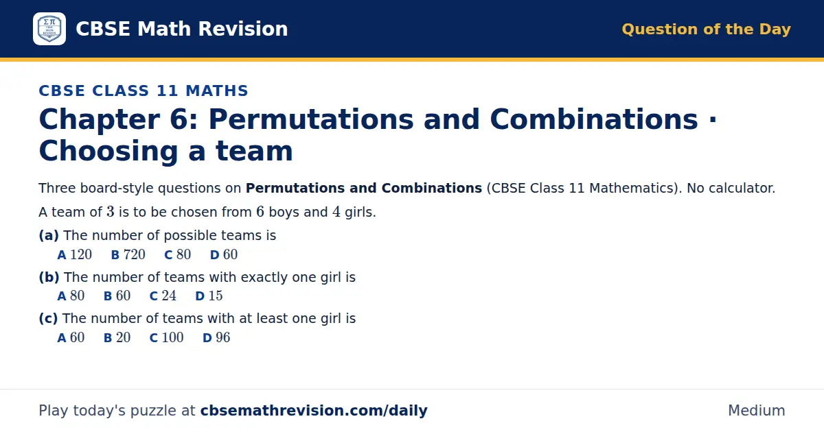 CBSE Class 11 Maths Question of the Day on Permutations and Combinations · Choosing a team, a 3-part multiple-choice question: Three board-style questions on Permutations and Combinations (CBSE Class 11 Mathematics). No calculator. A team of 3 is…