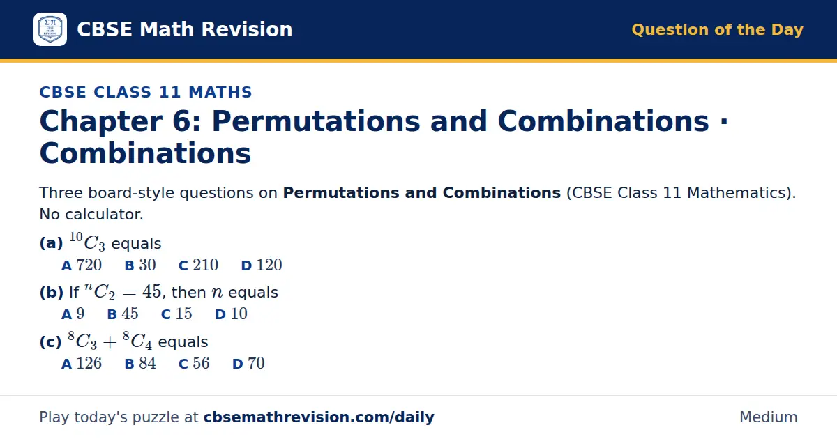 CBSE Class 11 Maths Question of the Day on Permutations and Combinations · Combinations, a 3-part multiple-choice question: Three board-style questions on Permutations and Combinations (CBSE Class 11 Mathematics). No calculator. (a) ¹⁰C_3 equals…