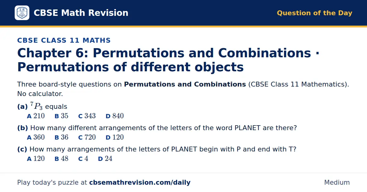 CBSE Class 11 Maths Question of the Day on Permutations and Combinations · Permutations of different objects, a 3-part multiple-choice question: Three board-style questions on Permutations and Combinations (CBSE Class 11 Mathematics). No…