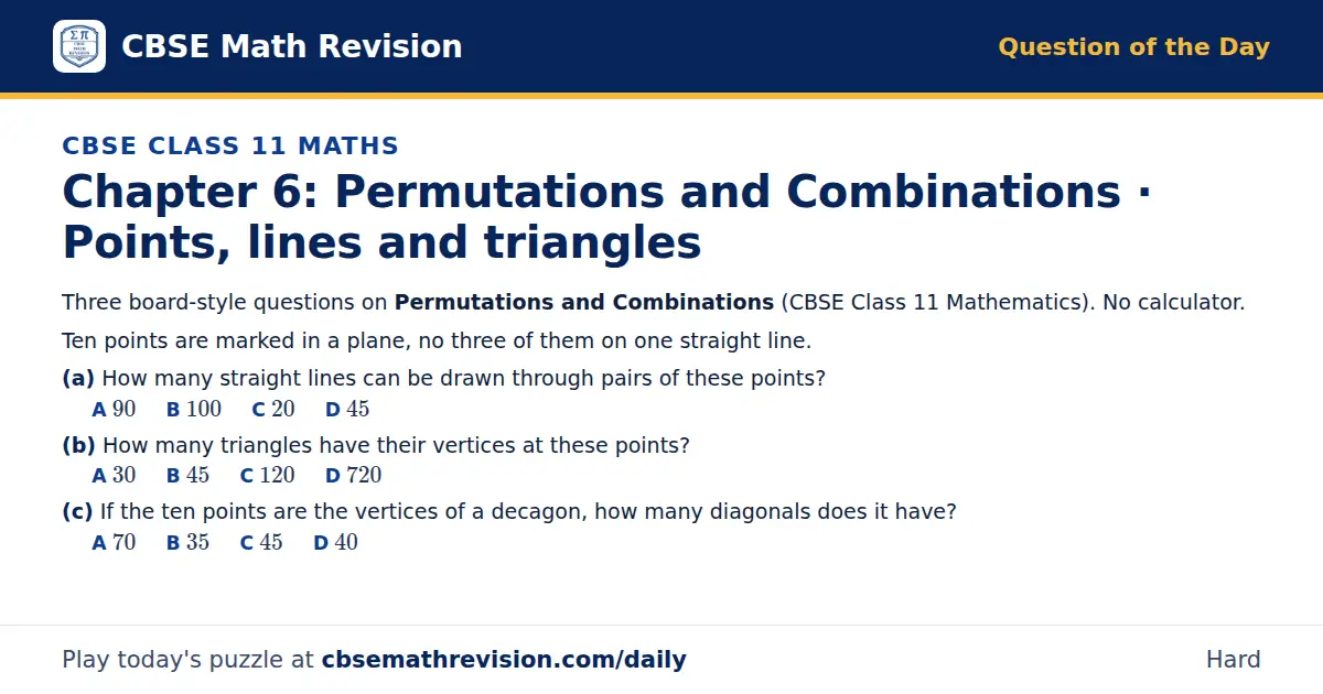 CBSE Class 11 Maths Question of the Day on Permutations and Combinations · Points, lines and triangles, a 3-part multiple-choice question: Three board-style questions on Permutations and Combinations (CBSE Class 11 Mathematics). No calculator. Ten…