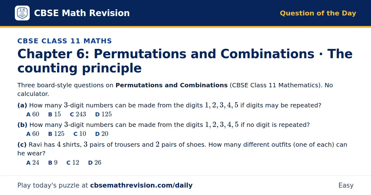 CBSE Class 11 Maths Question of the Day on Permutations and Combinations · The counting principle, a 3-part multiple-choice question: Three board-style questions on Permutations and Combinations (CBSE Class 11 Mathematics). No calculator. (a) How…