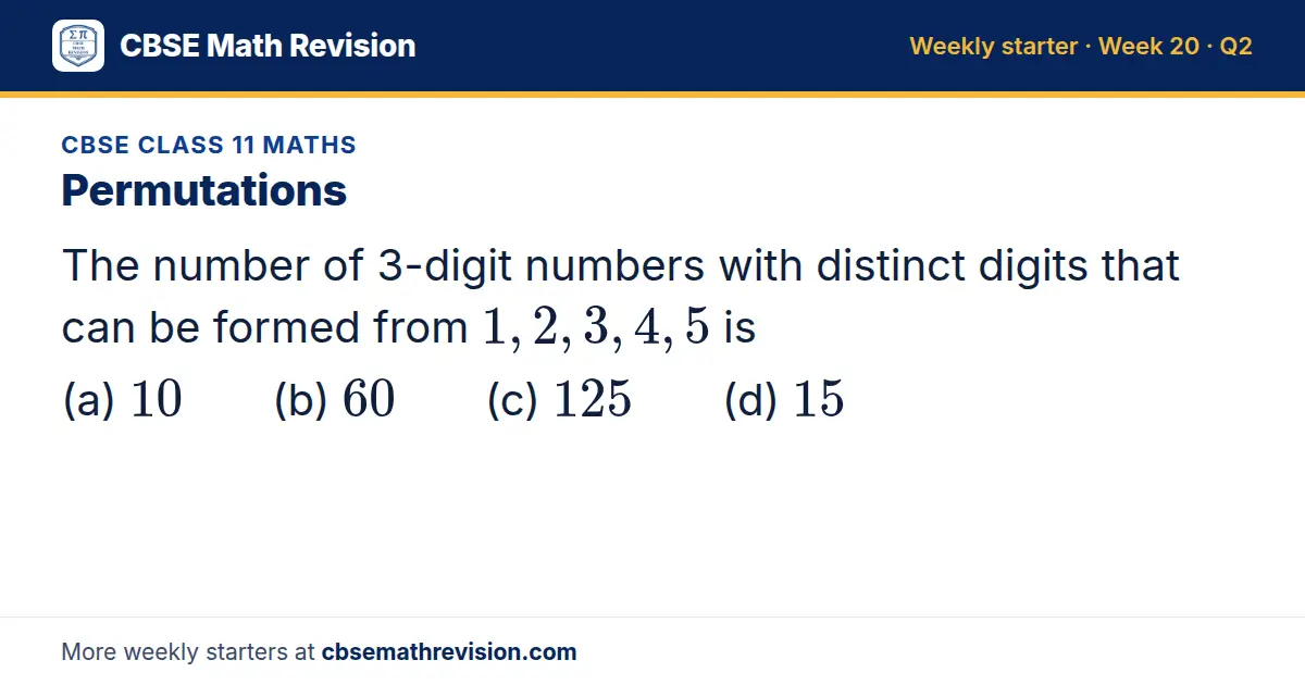 CBSE Class 11 Maths starter question on Permutations: The number of 3-digit numbers with distinct digits that can be formed from 1, 2, 3, 4, 5 is (a) 10 (b) 60 (c) 125 (d) 15